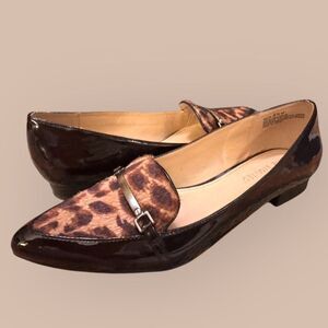 THE LIMITED Shoes sz8.5 Flats Brown Patent Leather Faux Leopard Fur Gold Buckle